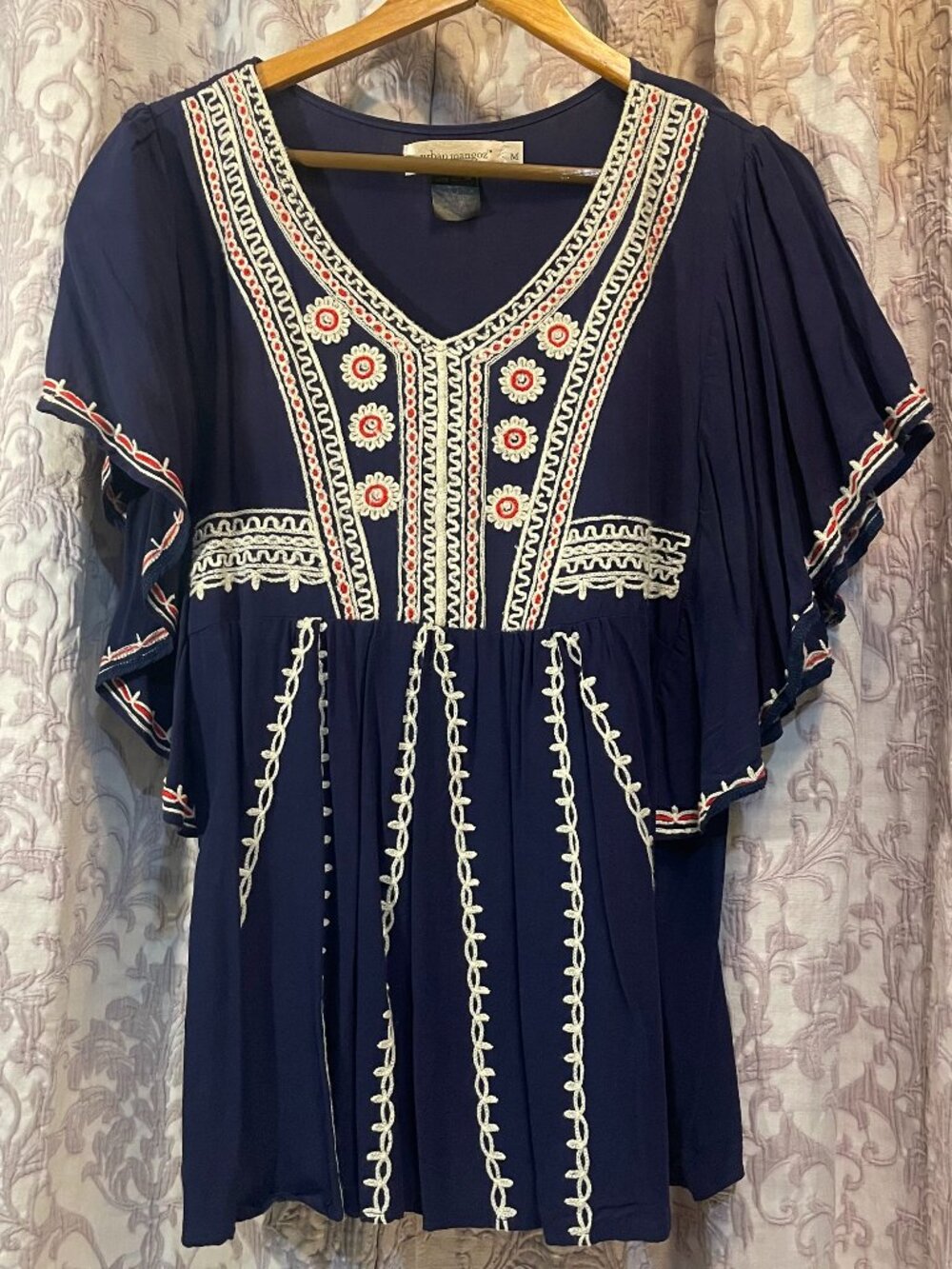 Boho Med. Urban Mangoz Navy/Red/Ivory Womens Embroidered V-Neck Empire Waist Top